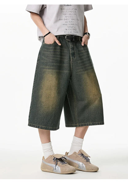 2025 Summer Men's Wide Leg Jeans Shorts Vintage Distressed Wash Y2K Straight Elastic Waist Loose Casual Relaxed Fit