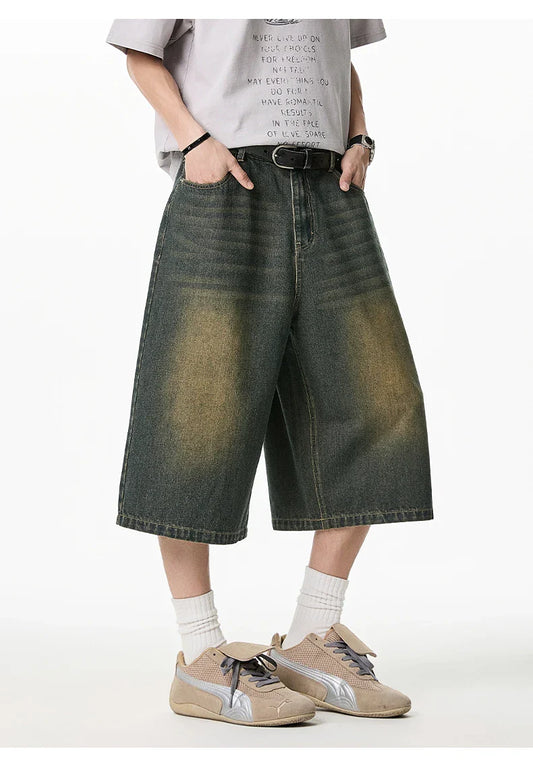 2025 Summer Men's Wide Leg Jeans Shorts Vintage Distressed Wash Y2K Straight Elastic Waist Loose Casual Relaxed Fit