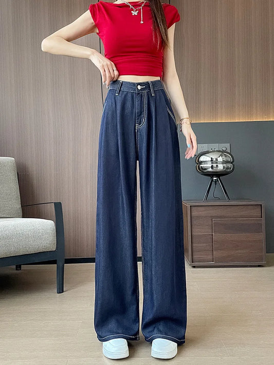 Calça Jeans Feminina Perna Larga Tencel Fina
