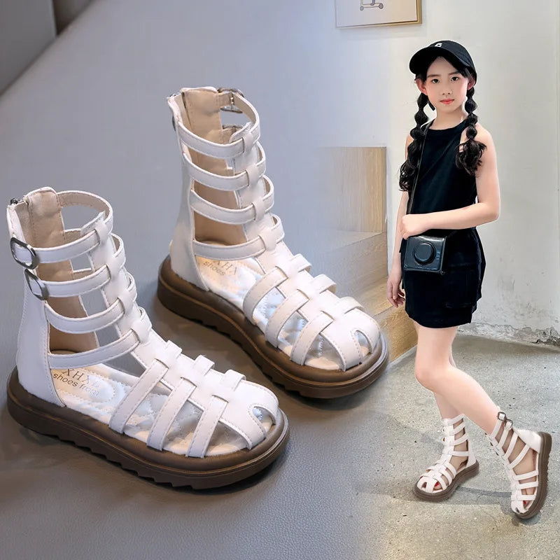 High-top Gladiator Platform Shoes Kids Wedding Party Footwear New Summer Little Girl Children Sweet Princess Long Sandals