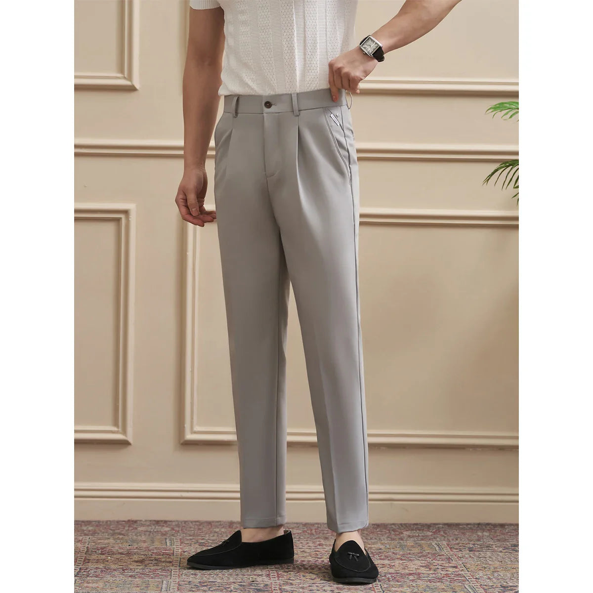 High Quality Men's Business Casual Slim-Fitting Suit Pants, Classic Solid Color Straight Work Trousers