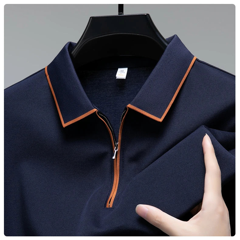 Light luxury brand long sleeved men's polo shirt autumn fashion flip collar half zipper design boutique top silk casual T-shirt
