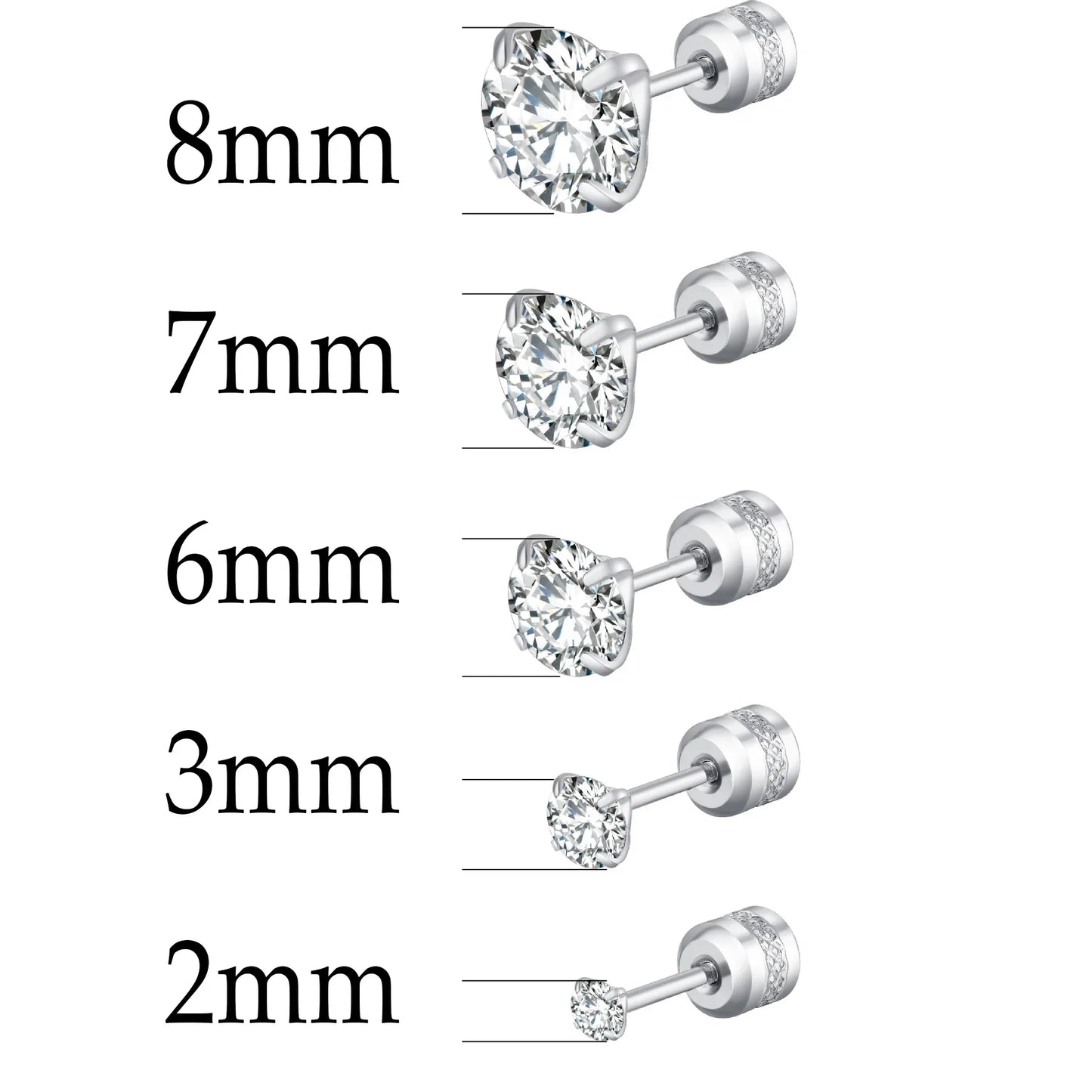 XUBCHC Stainless Steel Round Cubic Zirconia Ear Piercing For Women Men CZ Shiny Silver Color Stud Earrings Black Body Jewelry