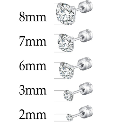 XUBCHC Stainless Steel Round Cubic Zirconia Ear Piercing For Women Men CZ Shiny Silver Color Stud Earrings Black Body Jewelry