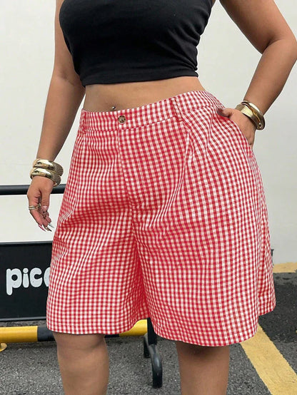 Ladies plus Size Spring Simple Casual Black White Plaid Shorts Wide Leg Pants Trousers for Women