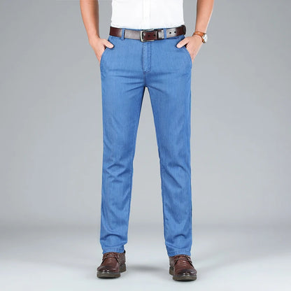 2026 Brand High Lyocell  Men's Fit Straight Lightweight Cotton Stretch Denim Business Casual High Waist Thin Light Grey Jeans