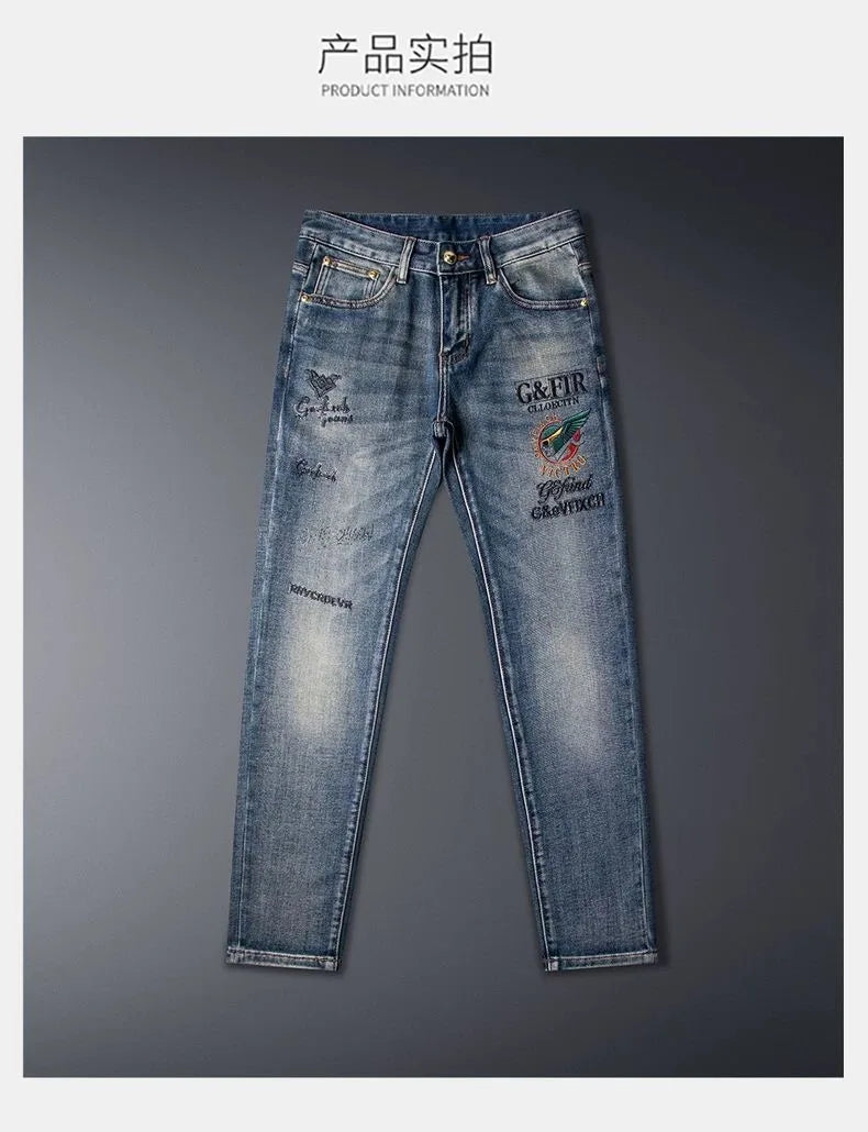 Calça Jeans Masculina Reta Vintage Americana Estampada Tendência Primavera Outono Nova Moda Calça Jeans Stretch Esportiva Casual 28-36