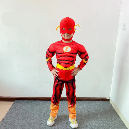 Boy's Deluxe Flash Costume Fancy Dress Up Kids Movie Carnival Party Halloween Flash Cosplay Costumes Mask Belt With Shoes 3-12Y