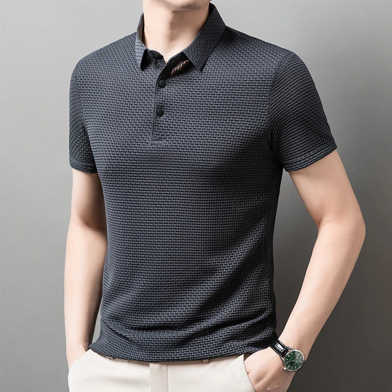 Men's Business Polos Casual Short Sleeved Bone Flower Solid Color POLO Shirt Fashion Breathable Comfortable Summer Versatile Top