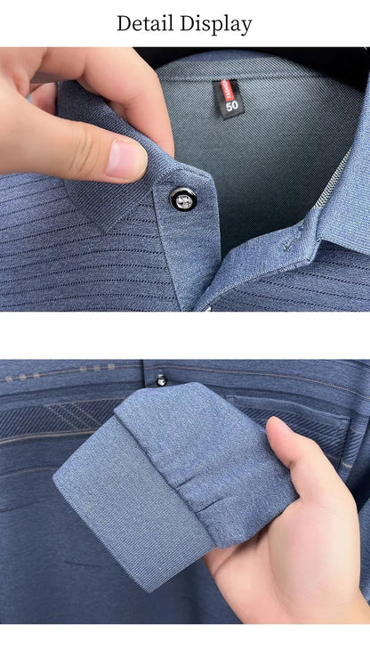 High quality striped printed long sleeve polo shirt men's fashion light luxury pocket autumn new business casual lapel T-shirt