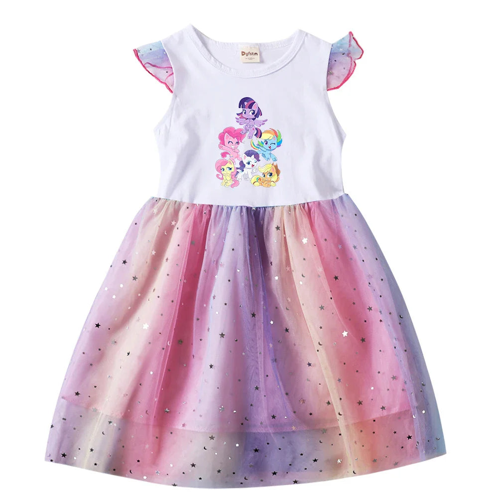 My Little Ponys Baby Girls Dress Children Cartoon Mesh Star Sequins Princess Dress Kids Flying Sleeve Skirt For Birthday Gift