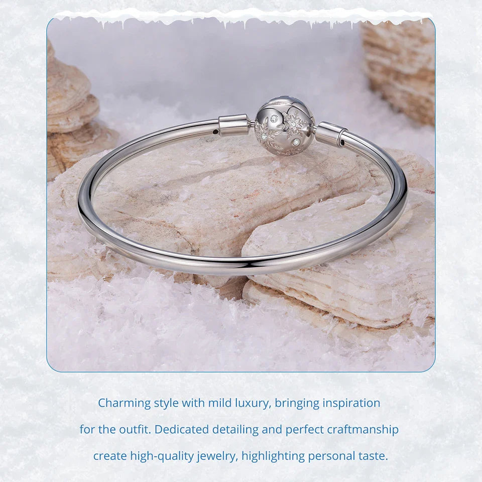 925 Sterling Silver Ice Flower Charm Bangle & Bracelet Glossy Basic Wrist Bangle for Women Pendant Beads DIY Xmas Jewelry