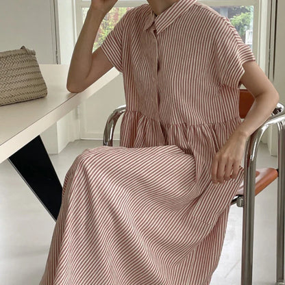 Summer Vintage Striped Single Breasted Women's Shirt Dresses 2024 New Korean Casual Straight Dress Pockets Female