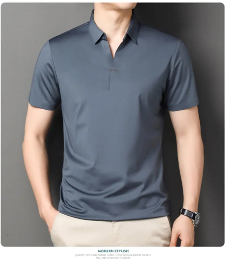 2024 High-quality Elastic Stretch POLO, Business Casual Men's Short-sleeved Shirt, Seamless V-neck M-4XL Men's Polo Shirt