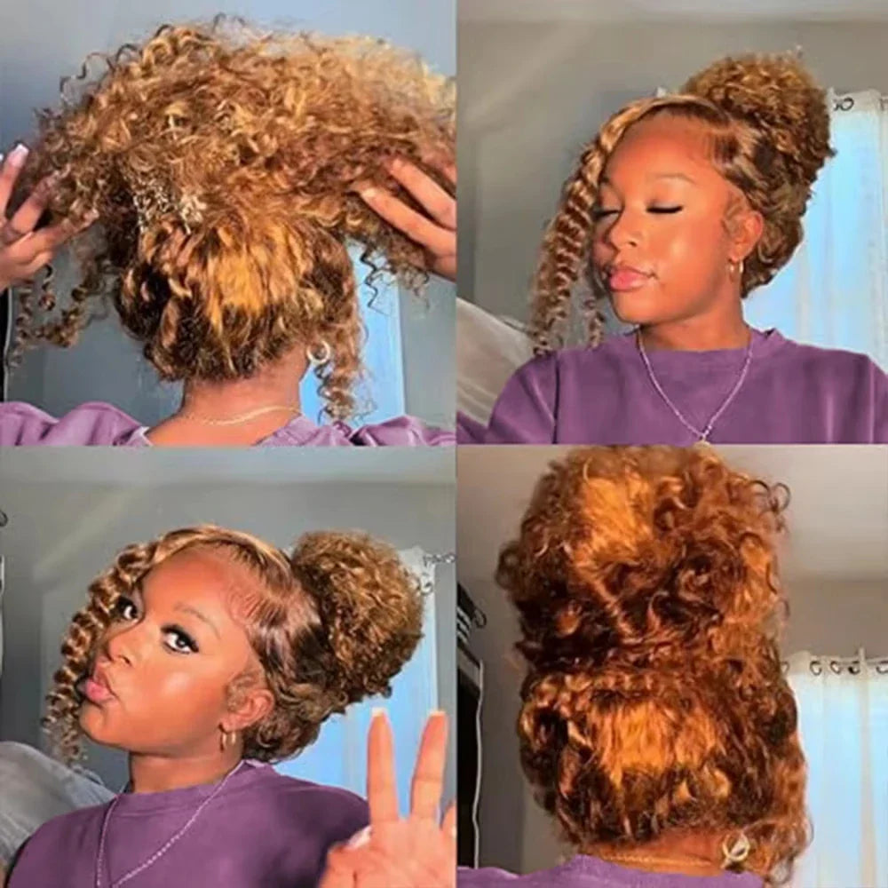 4/27 Curly Highlight Wig Human Hair Preplucked 360 Full Lace Front Wig HD Human Hair Ready to Wear Deep Wave Human Wig for Women
