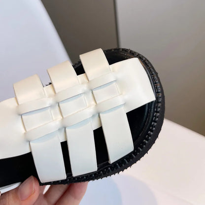 Children's Summer Sandals Girls Woven Baotou Princess Shoes Non-slip Hollow Roman Soft Sole Leather Shoes Buckle Roman Slippers
