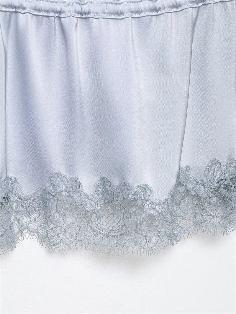 Women's Top 2026 New Spring Summer Lace Decoration Satin Textured Top for Women Chic Personality Female Spaghetti Strap Top