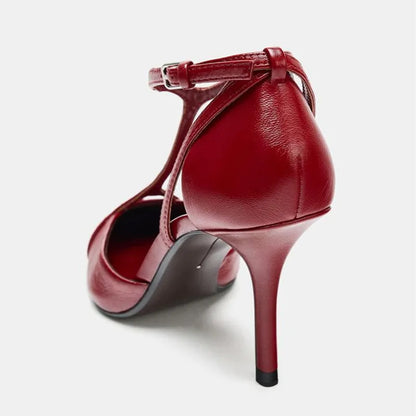 Sexy Pointed Toe Patent Leather Pumps Women Elegant Ankle Strap Buckle Design Thin High Heels for Ladies Party Wedding Shoes