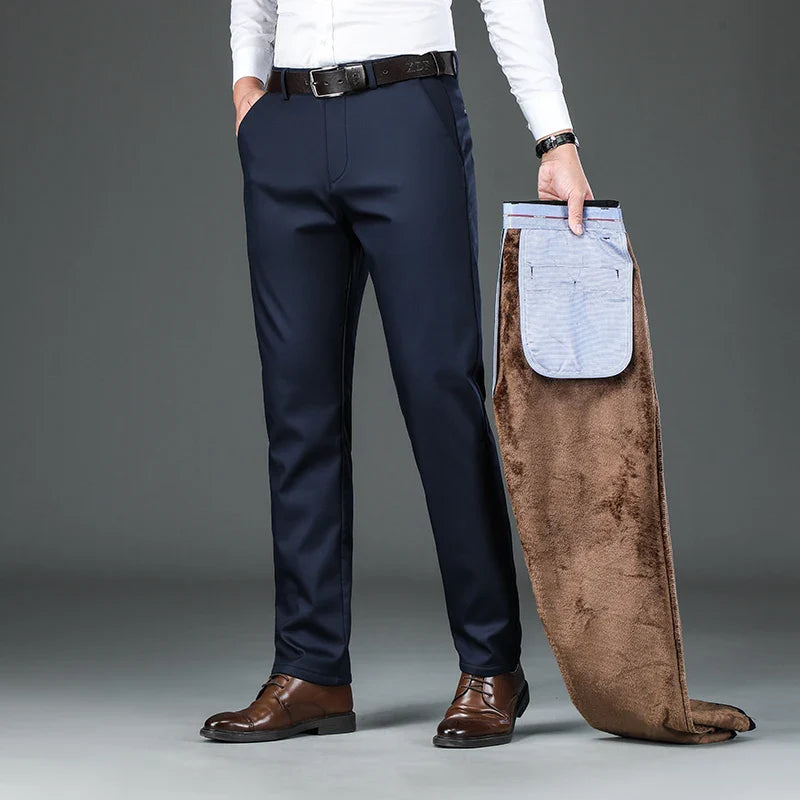 Winter New Flannel Thick Men's Casual Pants Fleece Navy Black Business Straight Slim Stretch Warm Plush Trousers Male