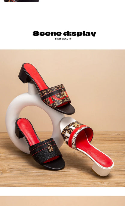 Woman Middle Heel Slippers Luxury Brand Women's Shoes Retro Design 2025 Summer New