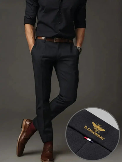 Men's Luxury Bee Waist Logo Business Casual Pants, High Elastic Slim Fit Formal Trousers for Office Commute & Daily Wear
