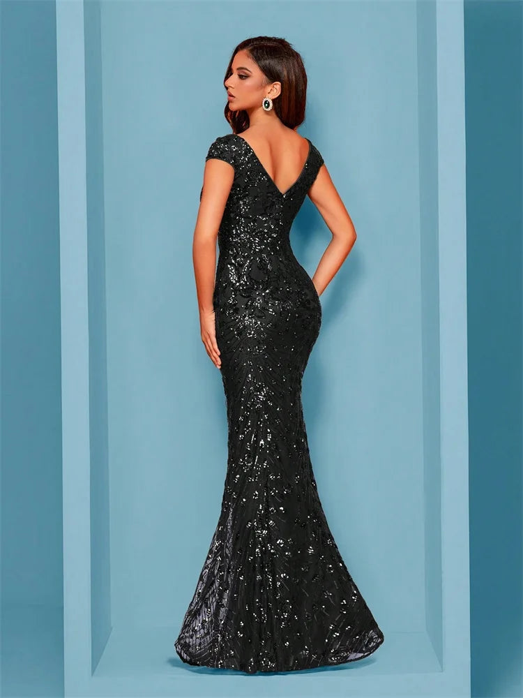 Elegant Champagne Evening Dress For Women Long 2024 Luxury Mermaid Formal Sequins Prom Wedding Party Cocktail Dresses