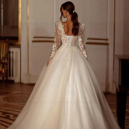 Luxury Shiny Long Sleeves Wedding Dress 2025 A-Line Lace Up Women Bridal Gown Customized Applique Beading Vestido De Novia