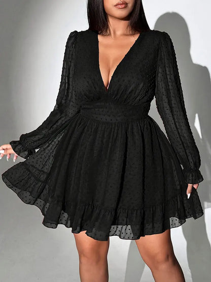 New Sexy V-Neck Short Dress Plus Size Solid Polka Dot Long-Sleeve American Slim A-Line Skirt Elegant Party Women's Evening Dress