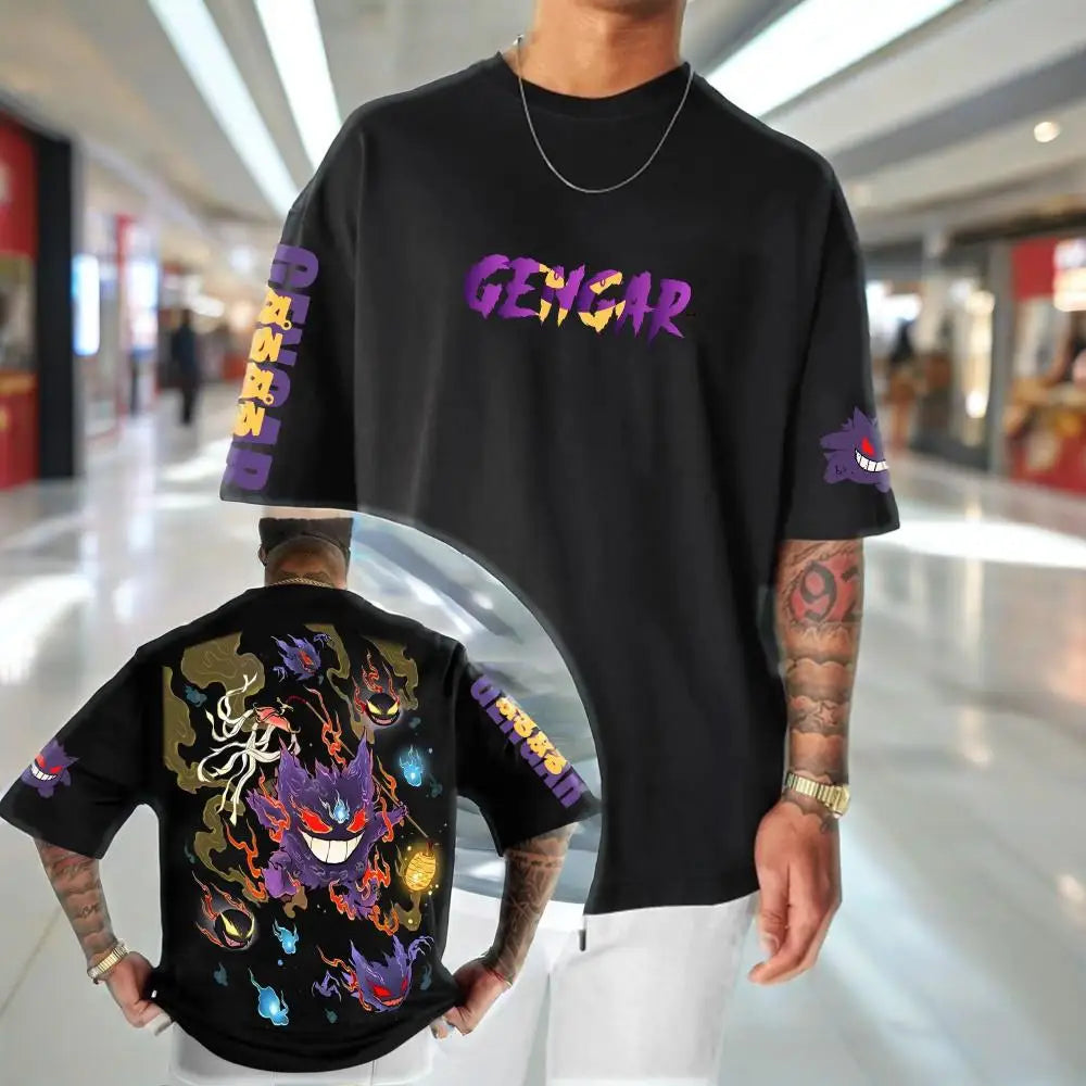 Co-branded Plus Size T-shirt 2025 Summer Men's New Gengar Anime Printed Casual Loose Harajuku Versatile Parent-child Top