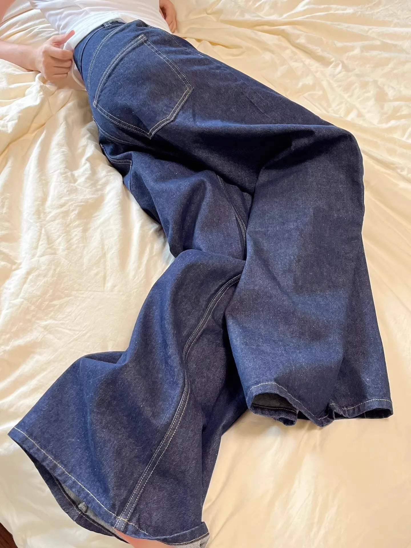 Casual Dark Blue Wide Leg Denim Jeans