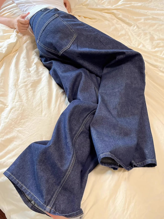 Casual Dark Blue Wide Leg Denim Jeans