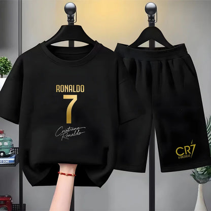 Children Short-sleeved T-shirt+Shorts black Boys Girls Toddler 3-12Yrs Sports Set Football Player No. 7 Summe cool Clothing