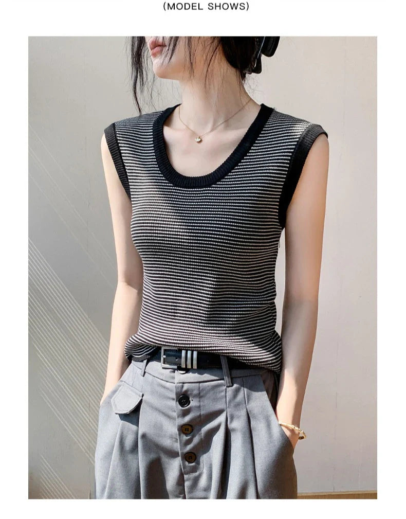 2026 Spring Summer O-Neck Striped Vest Top Simple Slim Fit Sleeveless Casual Versatile Women's Tank Top