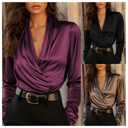 Autumn high-end professional temperament satin V-neck design versatile top women