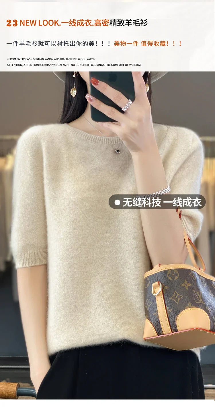 100% pure wool T-shirt spring and summer new women's O-neck pullover short sleeve loose five-sleeve sweater high-end top