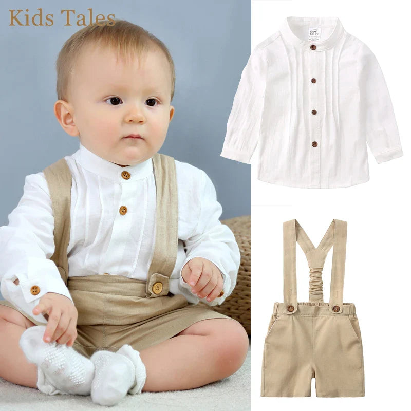 Baby Boy Gentleman Outfits Infant Cotton Linen Stand Collar Short Sleeve Shirts+Suspender Shorts Little Kid Overalls Clothes Set