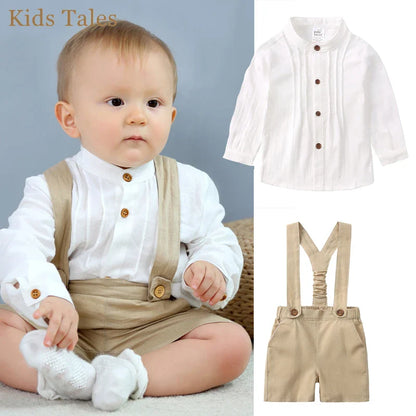 Baby Boy Gentleman Outfits Infant Cotton Linen Stand Collar Short Sleeve Shirts+Suspender Shorts Little Kid Overalls Clothes Set