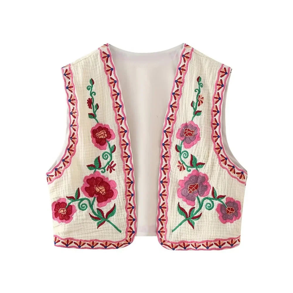 European and American Style 2024 Spring and Summer Women's New Fashionable and Versatile Round Neck Sleeveless Embroidered Vest
