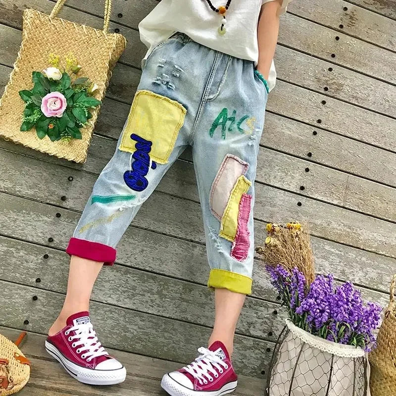 Spring Summer 2025 New Women Denim pants Thin Retro patch Embroidery Elastic waist Hole Contrast Loose Jeans pants Female
