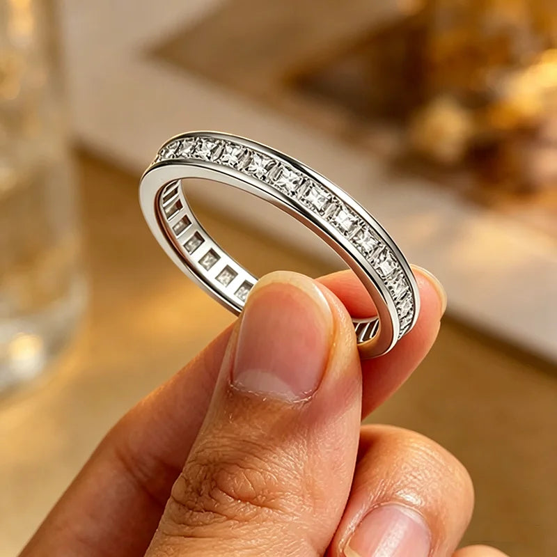 925 Sterling Silver Princess Cut Moissanite Ring for Women 2*2mm D Color Full Eternity Stackable Wedding Band Lab Diamond