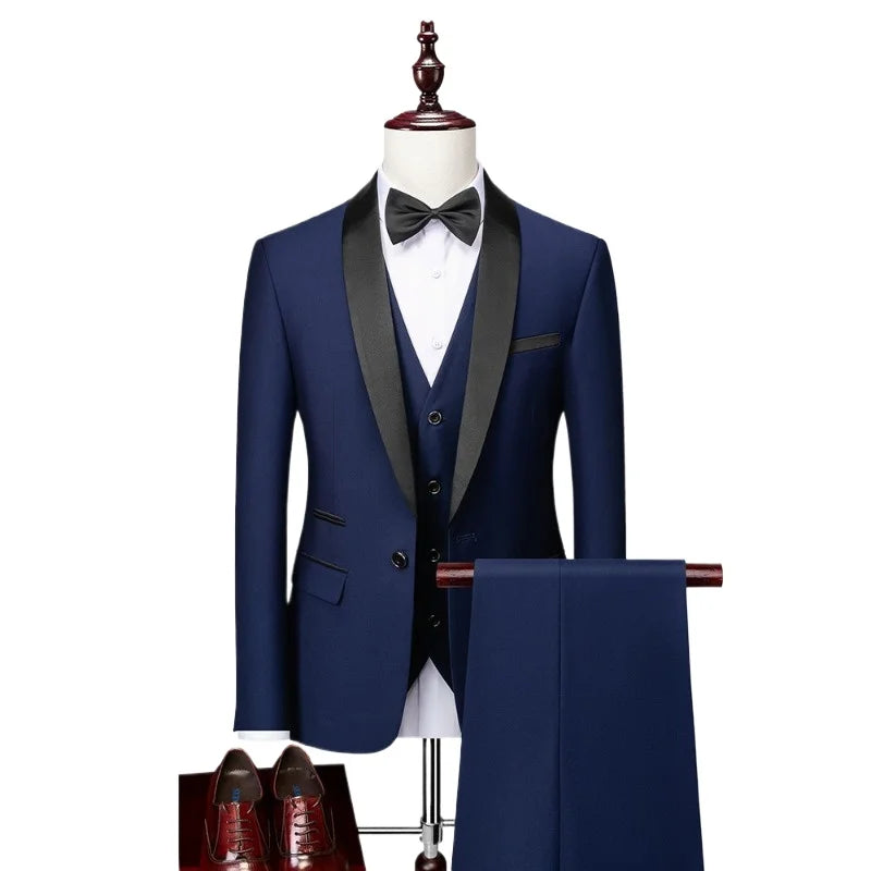 US Size Men Lapel Black Collar 3 Pcs Suit Set Coat Vest Trousers / Business Groom Wedding Dress Fprmal Blazer Pants Waistcoat