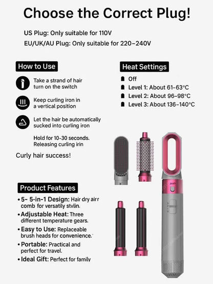 5 In 1 Professional Hair Dryer Hot Air Comb Brush With Curling Iron And Hair Straightener For Salon Quality Hair Styling