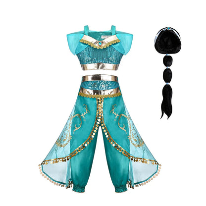 Jasmine Rapunzel Snow Queen Elsa Princess Dress Girl Mesh Sequin Dress Kids Cosplay Belle Aurora Costumes Carnival Party Gowns