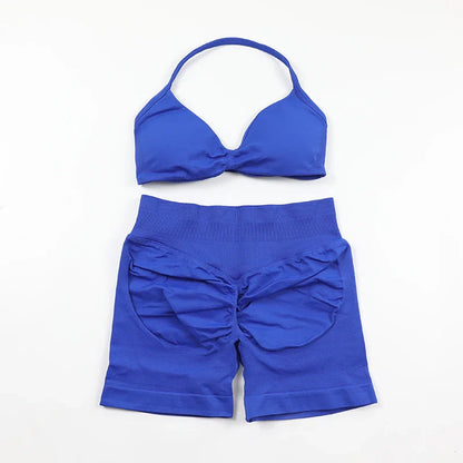 Scrunch Seamless Yoga Set Women Sportswear Ribbed Gym Shorts Strappy Sports Bra 2 Piece Set Halter Workout Clothes Fitness Suit