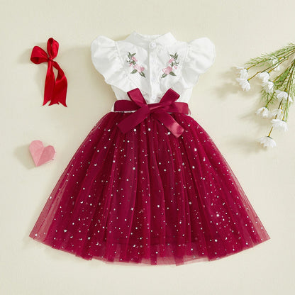 3-10Years Little Girl Summer A Line Dress Kids Flower Embroidered Ruffled Trim Star Print Button Up Sleeveless Mesh Tutu Dress