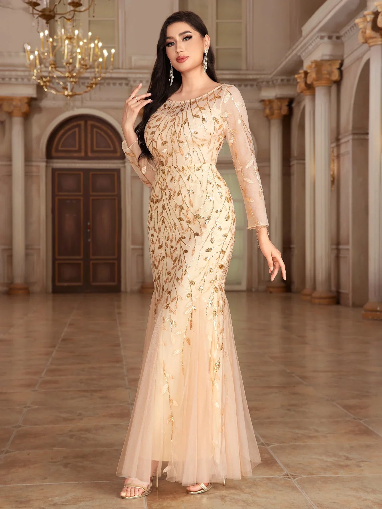 2024 Plus Size Evening Dresses Mermaid O Neck Full Sleeve Lace Appliques  vestidos elegantes  party dress  long