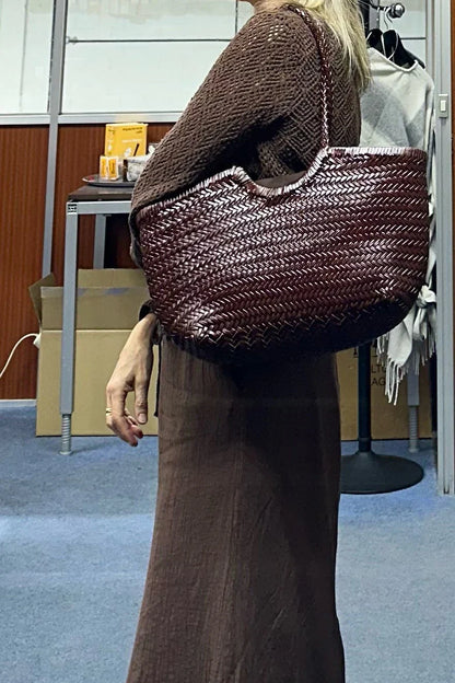 Handbags Women's Genuine Leather Shoulder Bag Weaving Casual Shopping Bag Vintage Big Tote Purse Cowhide Cross Hand Bags Lady