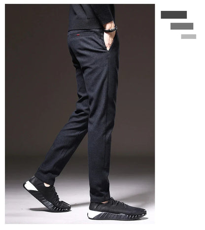 Autumn Winter Thick Men's Casual Pants Brushed Fabric Straight Slim Business Fashion Trousers Stretch Korean Male Clothing