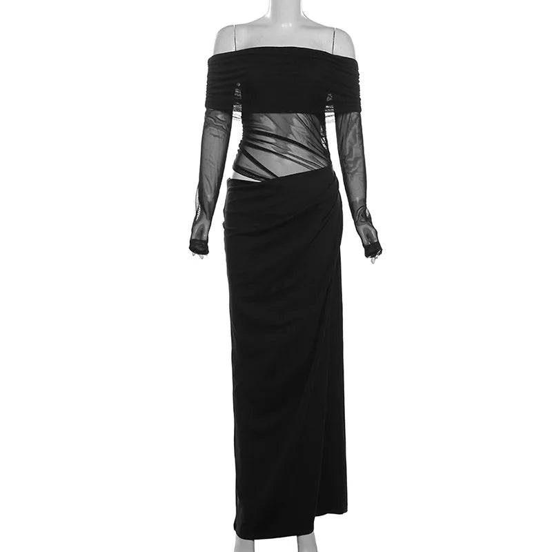 Dress Women 2025 Spring Patchwork Mesh Elegant Slash Neck Ruched Fit Chic Birthday Party Festival Vacation Vestidos