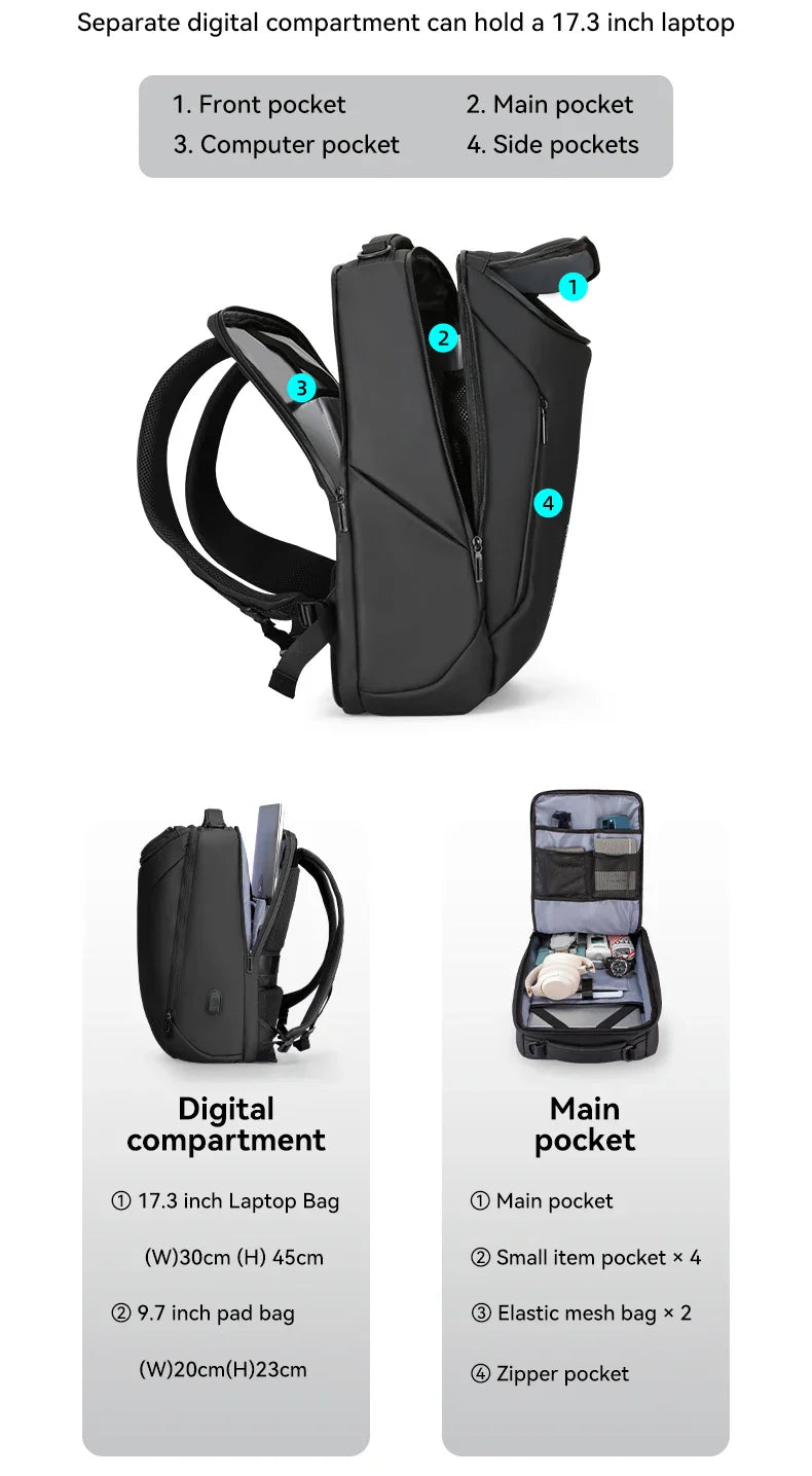 Business Backpack for Men Waterproof and Travel Laptop Backpack with USB Charging, Fits 17 Inch Laptop and Tech Gear